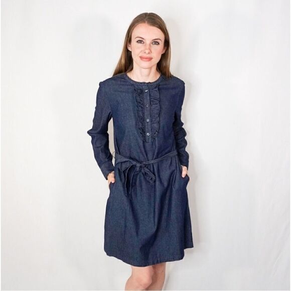 Draper James Chambray Belted Ruffle Long Sleeve Shift Dress - Picture 3 of 14